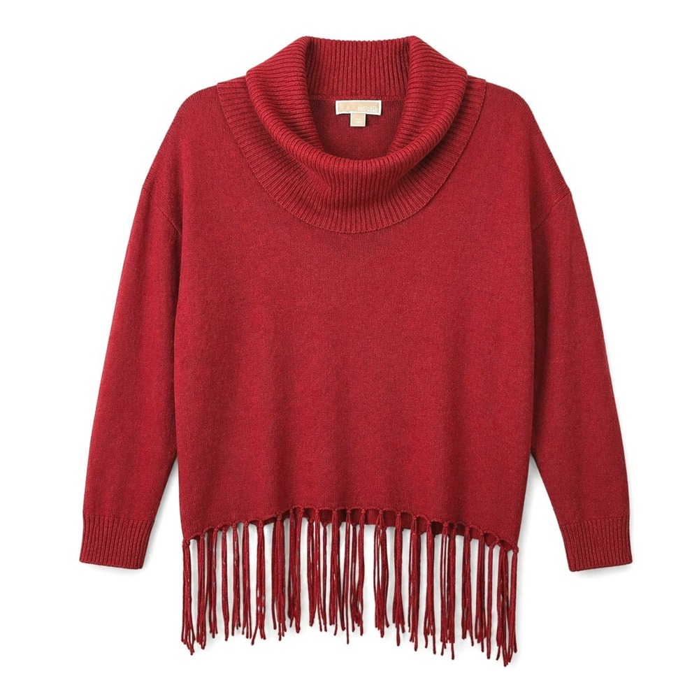 Michael Kors Fringe Sweater Size Medium Cowl Neck Red Knit Pullover Long Sleeve